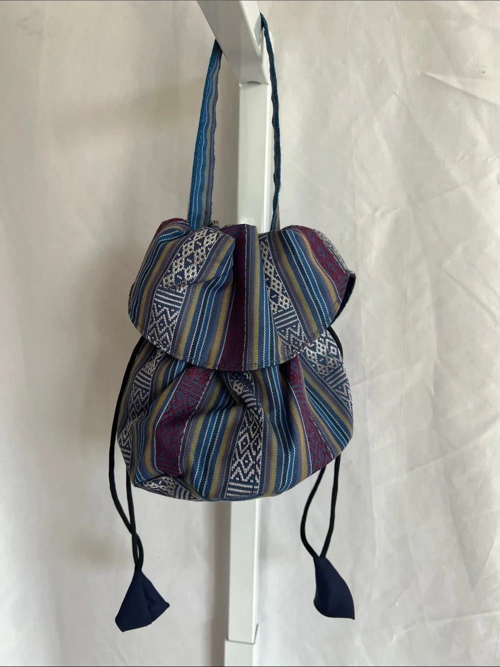 Woven Blue Multi-Stripe Drawstring Bag with Flap on Front & Back Silk Pullstring